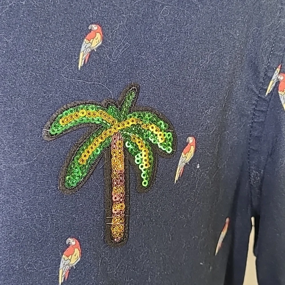 Shirt Size Medium Short Sleeve Blue Cotton Stretch Parrot Print Slim Fit Palm - Picture 5 of 7